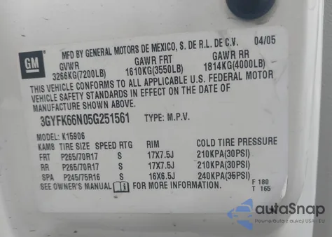 2005 Cadillac Escalade Esv Standard z USA, uszkodzony, nr VIN 3GYFK66N05G251561